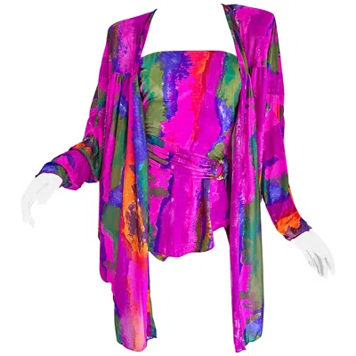 Pre-owned Oscar De La Renta Fabulous Size 16 Vintage  One Piece Swimsuit And And Cover Up In Purple