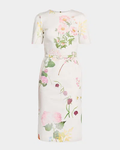 Oscar De La Renta Faded Botanical Short-sleeve Midi Dress With Belt In White