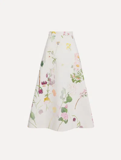 Oscar De La Renta Faded Mixed Botanical Denim Midi Skirt In White