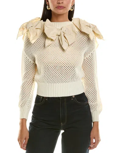 Oscar De La Renta Bow-embellished Pointelle-knit Jumper In White