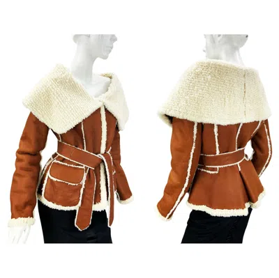 Pre-owned Oscar De La Renta Fall/winter 2006 Shearling Cognac Color Jacket With Belt It 42 In Sand