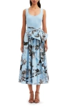 OSCAR DE LA RENTA FAUNA FLORAL MIXED MEDIA TIE WAIST DRESS