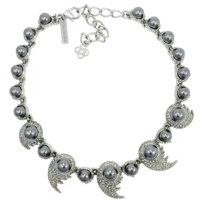 Pre-owned Oscar De La Renta Faux Pearl Link Necklace, Tahitian Pearl, Swarovski Crystals In Gray