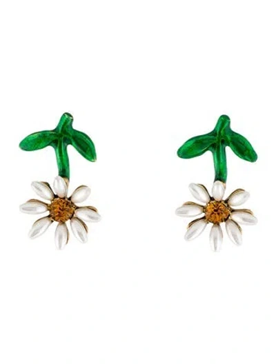Pre-owned Oscar De La Renta Faux Pearl, Resin & Crystal Upside Down Daisy Drop Earrings In Multi