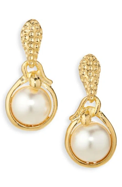 Oscar De La Renta Faux Pearl Snake Drop Earrings In Gold