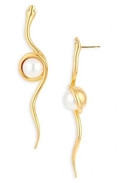 Oscar De La Renta Faux Pearl Spiral Snake Linear Drop Earrings In Gold