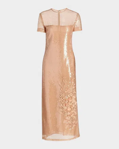 Oscar De La Renta Feather Applique Cap-sleeve Sequined Midi Cocktail Dress In Brown