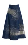 Oscar De La Renta Feather-embroidered Denim Midi Skirt In Blue