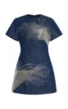 Oscar De La Renta Feather-embroidered Denim Mini Dress In Blue
