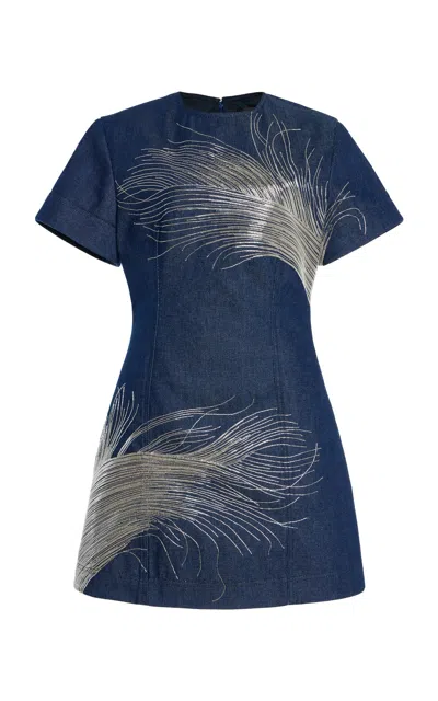 Oscar De La Renta Feather-embroidered Denim Mini Dress