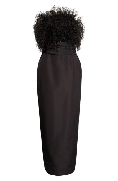 Oscar De La Renta Feather Embroidered Point D'esprit Strapless Silk Faille Gown In Black
