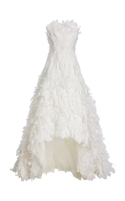 Oscar De La Renta Feather-embroidered Tulle Gown In White