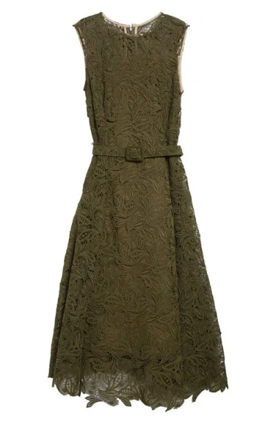 Oscar De La Renta Feather Guipure Lace Belted A-line Dress In Green