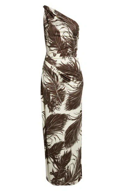 Oscar De La Renta Feather Print One Shoulder Dress In Multi