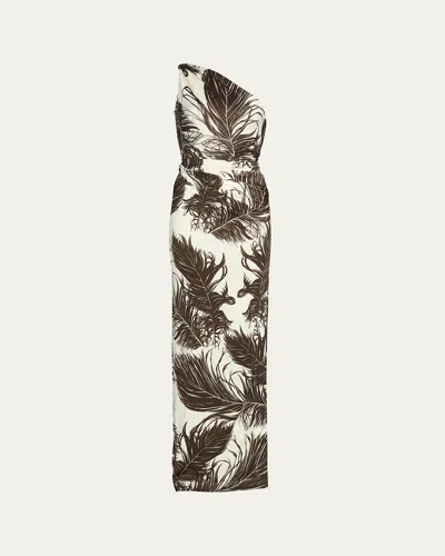 Oscar De La Renta Feather-print One-shoulder Sleeveless Gown In Multi