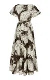 Oscar De La Renta Feather-printed Cotton-poplin Midi Dress In Brown