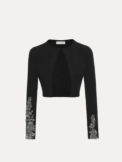 Oscar De La Renta Feather Sequin Embroidered Knit Cardigan In Black