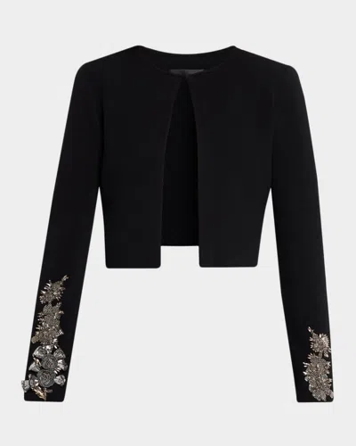 Oscar De La Renta Feather Sequin Embroidered Knit Cardigan In Black