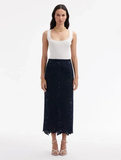 Oscar De La Renta Fern Cutout Tweed Pencil Skirt In Navy