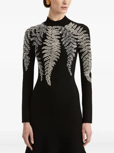 Oscar De La Renta Fern-embellished Flared Midi Dress In Black