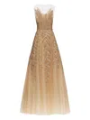 Oscar De La Renta Fern-embellished Tulle Midi Ress In Multi