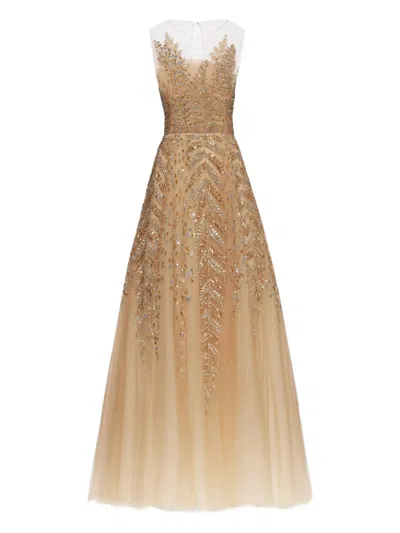 Oscar De La Renta Fern-embellished Tulle Midi Ress In Multi