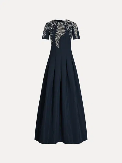 Oscar De La Renta Fern Embroidered Faille Gown In Blue