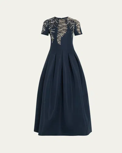Oscar De La Renta Fern Embroidered Short-sleeve Pleated Gown In Blue