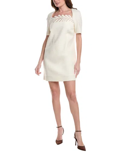 Oscar De La Renta Fern Embroidered Silk-lined Wool-blend Shift Dress In Neutral