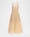 Oscar De La Renta Fern Embroidered Sleeveless Midi Illusion Dress In Neutral