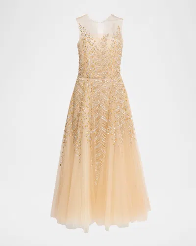 Oscar De La Renta Fern Embroidered Sleeveless Midi Illusion Dress In Neutral