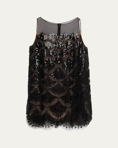 Oscar De La Renta Fern Embroidered Sleeveless Mini Shift Dress In Black