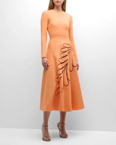 Oscar De La Renta Embroidered Stretch-wool Midi Dress In Apricot