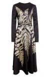 Oscar De La Renta Fern Print Belted Long Sleeve Cocktail Dress In Black