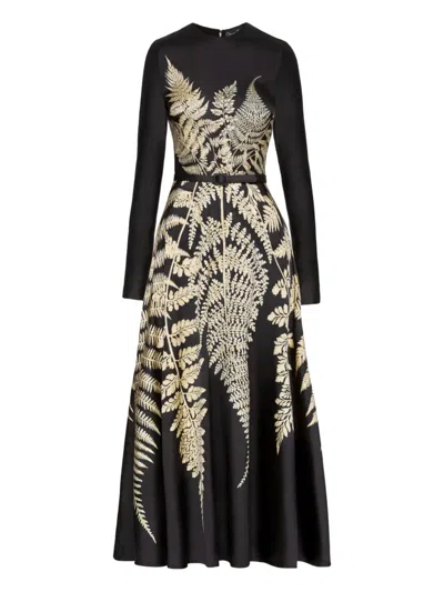 Oscar De La Renta Fern-print Belted Midi Dress In Black