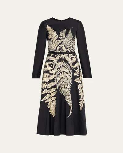 OSCAR DE LA RENTA FERN-PRINT LONG-SLEEVE MIDI DRESS