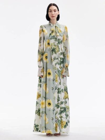 Oscar De La Renta Fig & Grapes 真丝长罩衫式连衣裙 In Yellow