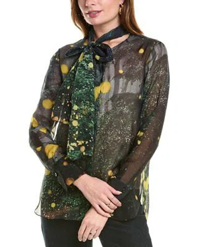 Pre-owned Oscar De La Renta Firefly Silk Chiffon Shirt Women's In Blue