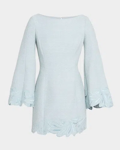Oscar De La Renta Flared Embroidered Long-sleeve Cotton Tweed Dress In Blue