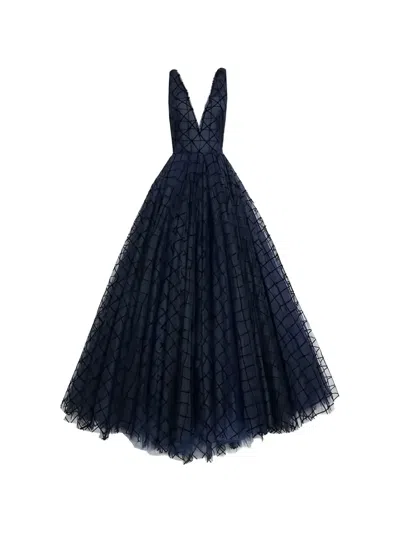 Oscar De La Renta Flocked Checked Gown In Blue