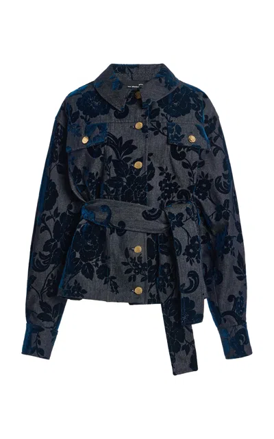 Oscar De La Renta Flocked Floral Denim Jacket In Blue