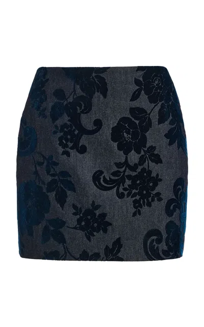 Oscar De La Renta Flocked Floral Denim Mini Skirt In Blue