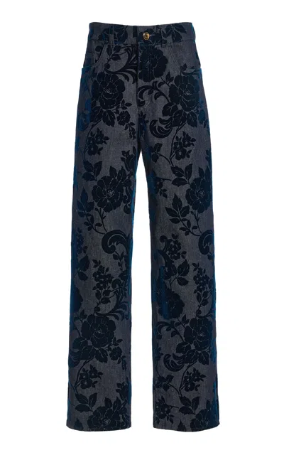 Oscar De La Renta Flocked Floral Denim Straight-leg Pants In Blue