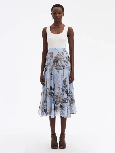 Oscar De La Renta Flora & Fauna Chiffon Skirt In Black/lt Blue