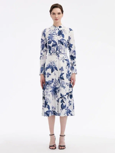 Oscar De La Renta Flora & Fauna Cotton Poplin Dress In Blue/white