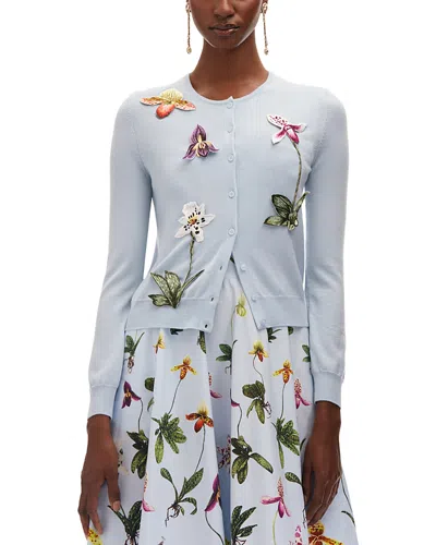 Oscar De La Renta Orchid Embroidered Virgin Wool Cardigan In Light Blue
