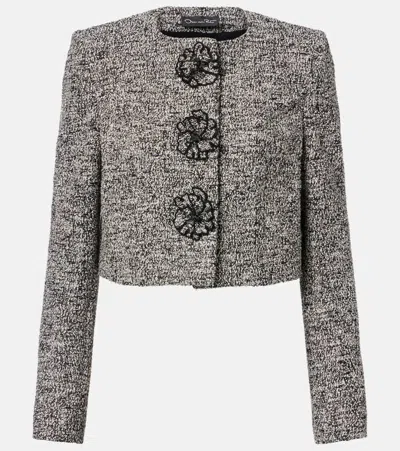 Oscar De La Renta Flower-embellished Tweed Jacket In Black