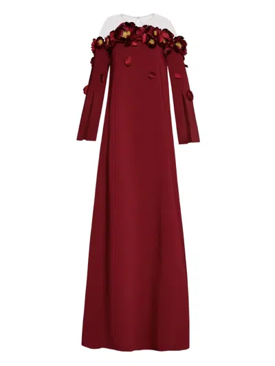 Oscar De La Renta Peony Appliqu Illusion Neck Caftan In Burgundy