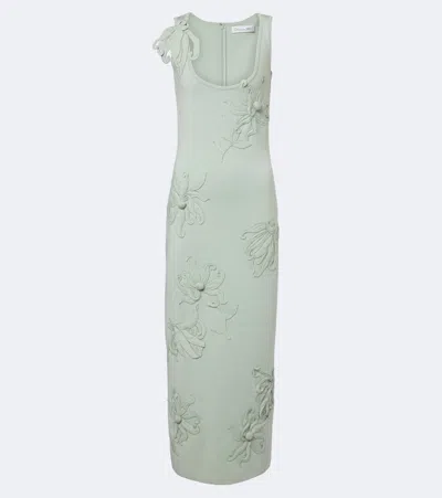 Oscar De La Renta Floral Appliqué Wool-blend Midi Dress In Gray
