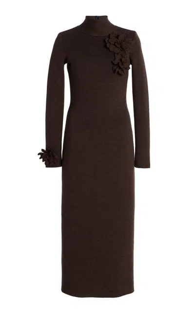 Oscar De La Renta Floral-appliquéd Knit Wool-blend Midi Dress In Brown